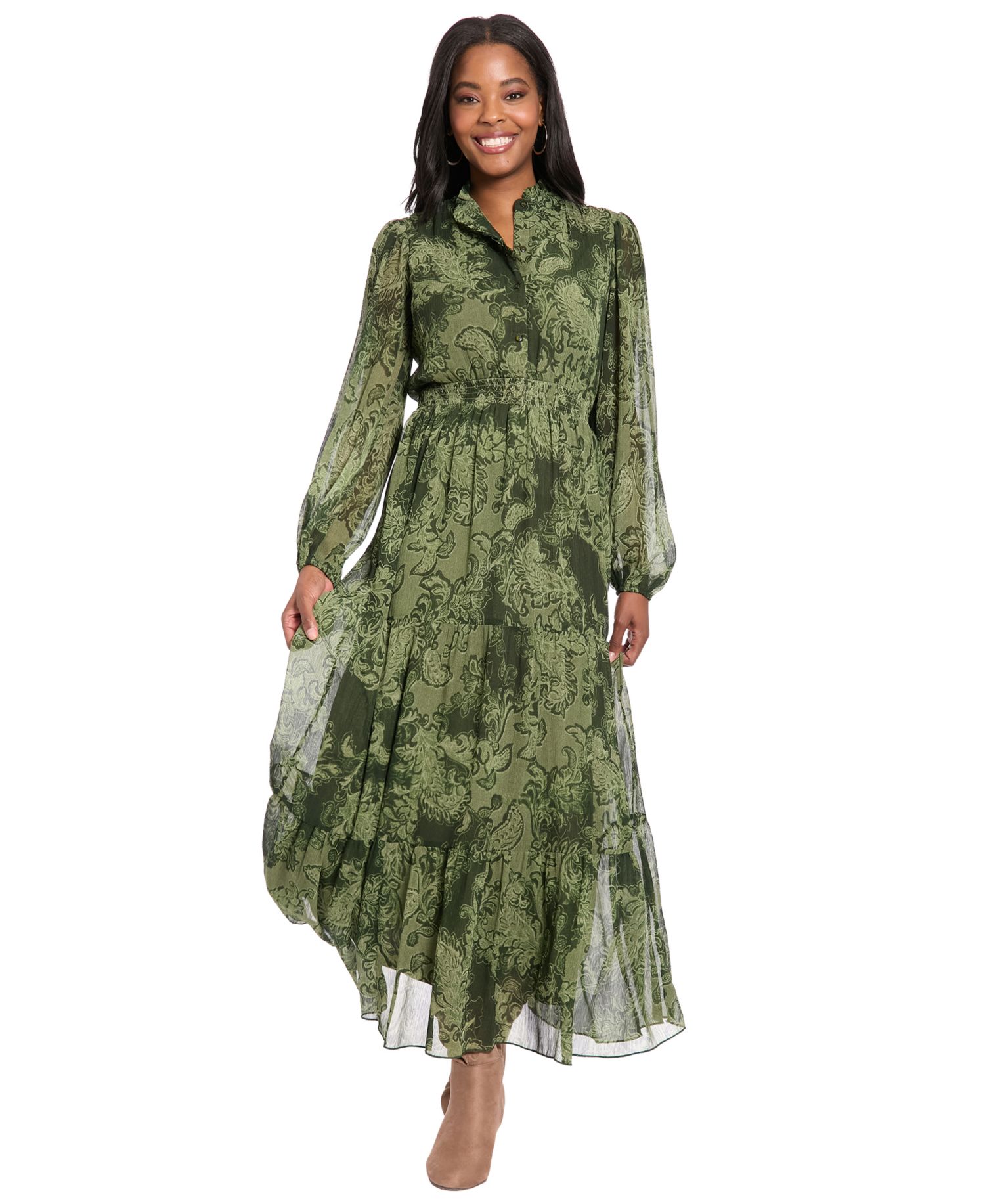 Women's Printed Tiered Mock Neck Maxi Dress