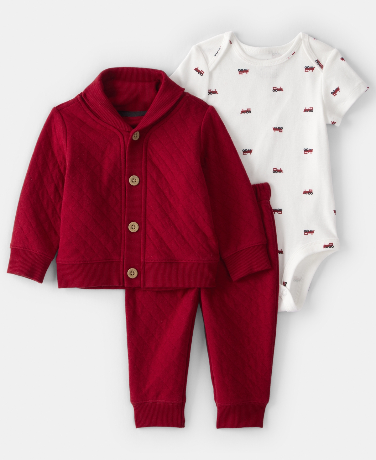 Carter's Baby Boys 3-piece Quilted Cardigan, Bodysuit And Pants Set In Burgundy