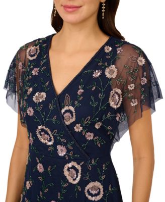 Adrianna Papell Women's Bead Flutter-Sleeve Midi Mesh Dress