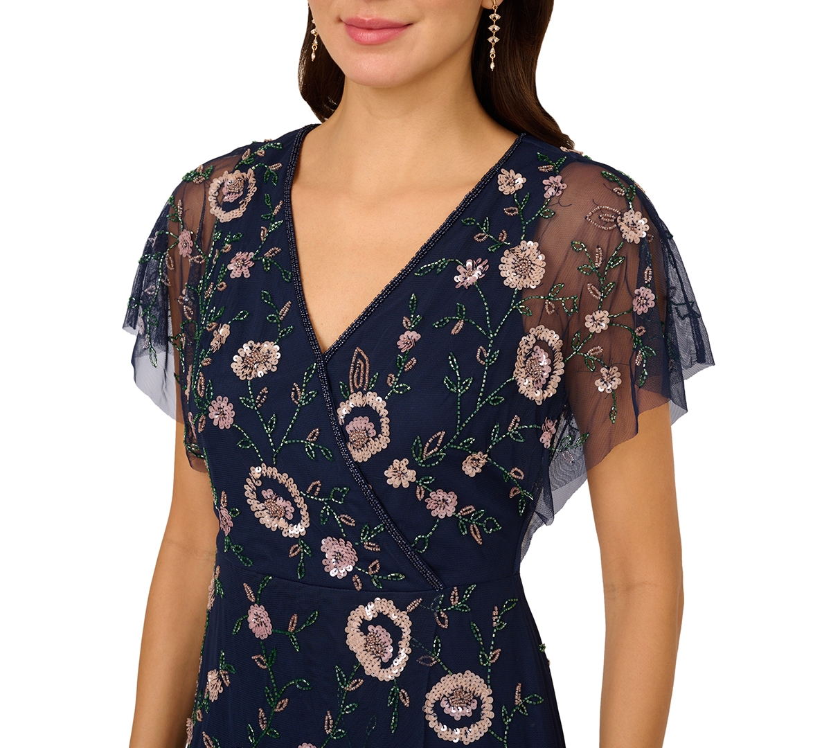 Adrianna Papell Women's Bead Flutter-sleeve Midi Mesh Dress In Blue