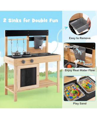 Mud Kitchen Playset Outdoor Kids Pretend Play Kitchen w/2 Removable Sinks Faucet