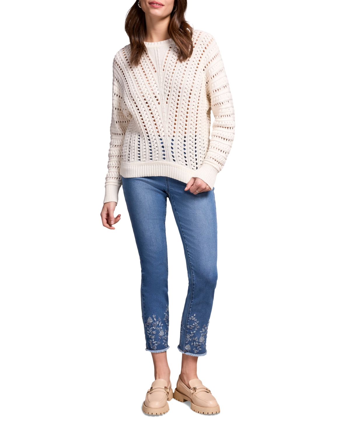 Tribal Women's Textured Special Wash Crew Neck Sweater In White