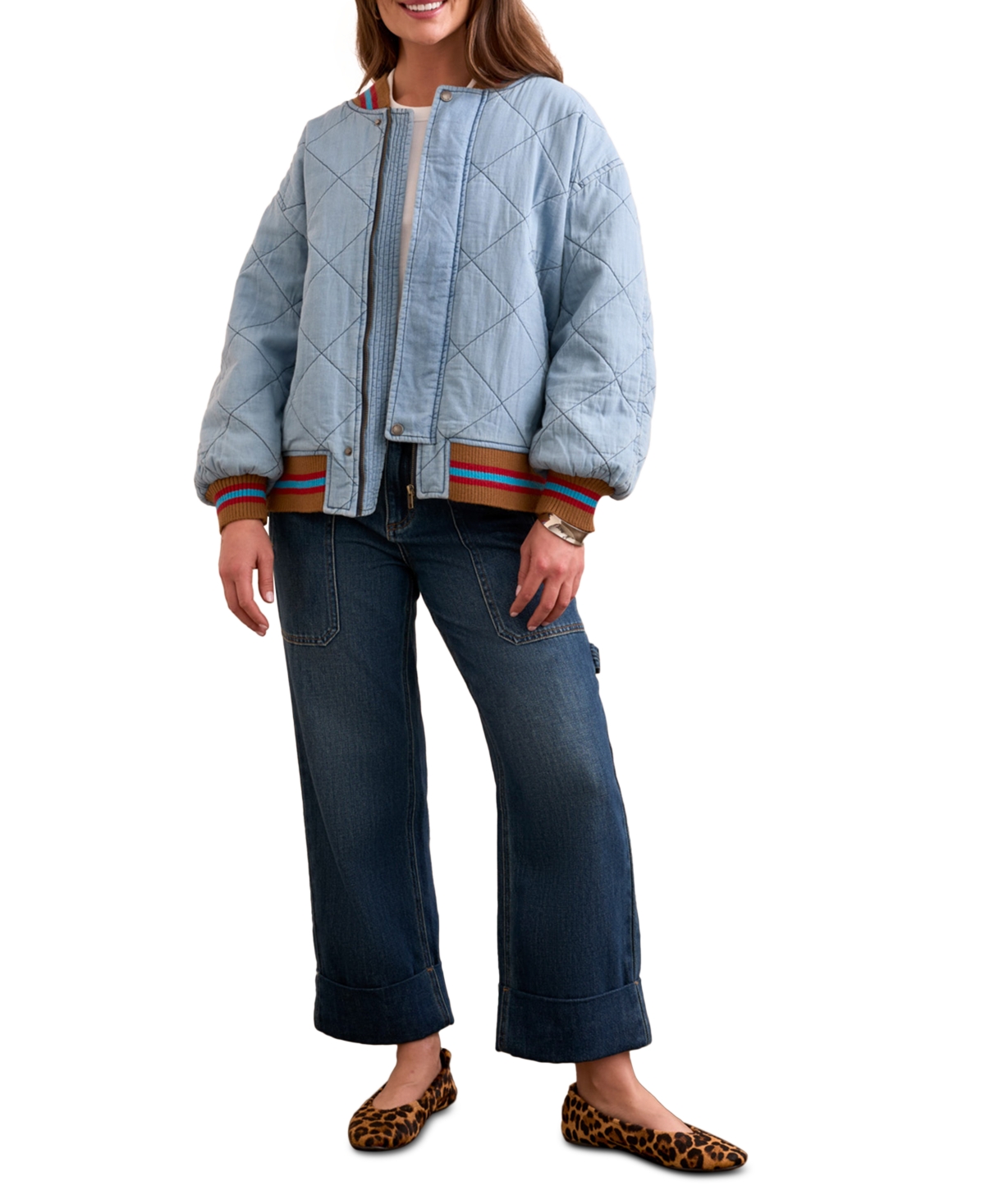 Tribal Women's Blue Thread Oversized Cotton Quilted Bomber Jacket In Blue