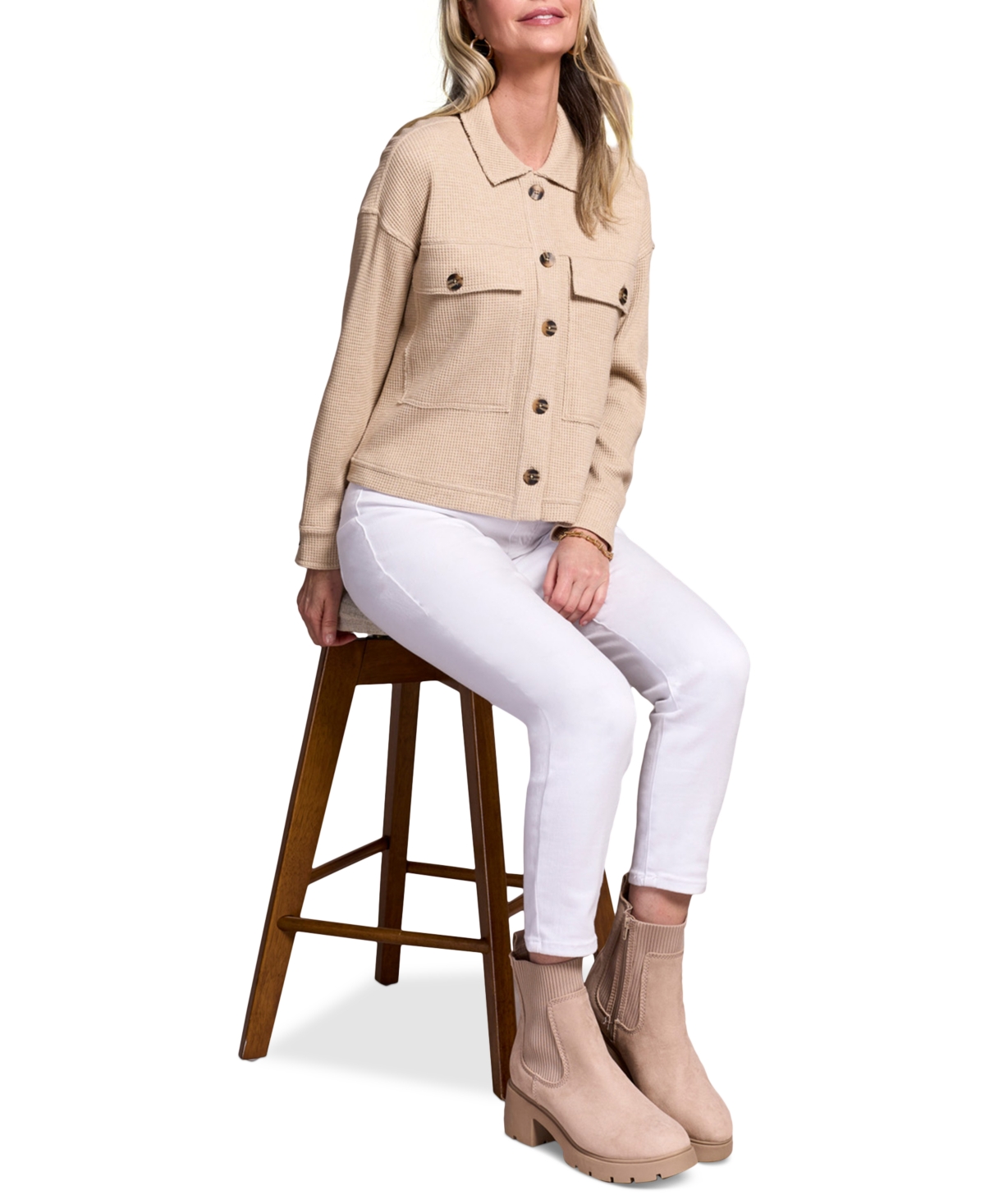 Tribal Women's Brushed Waffle Knit Crew Neck Jacket In Brown