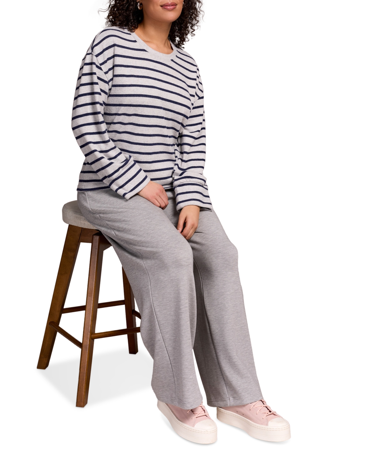 Tribal Women's Long Sleeve Stripe Crew Neck Brush Knit Top In Blue