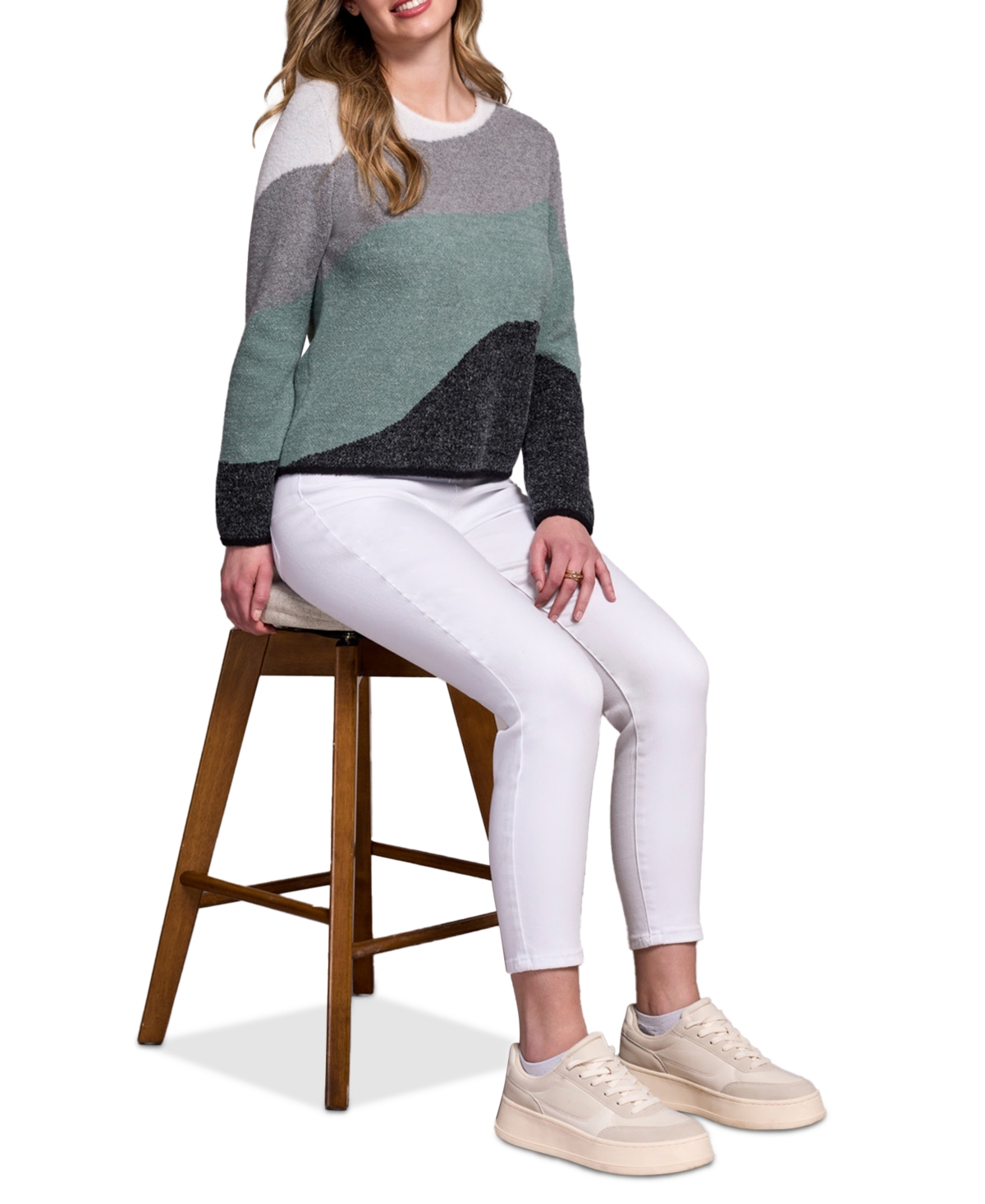 Tribal Women's Fuzzy Double Knit Crew Neck Sweater In Green