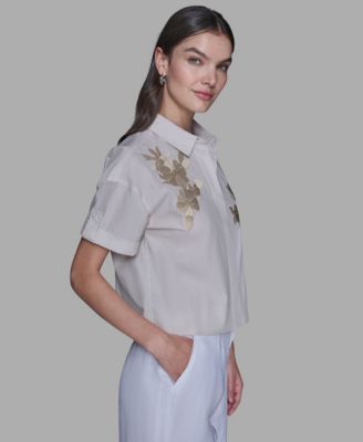 Women's Striped Floral Detail Top