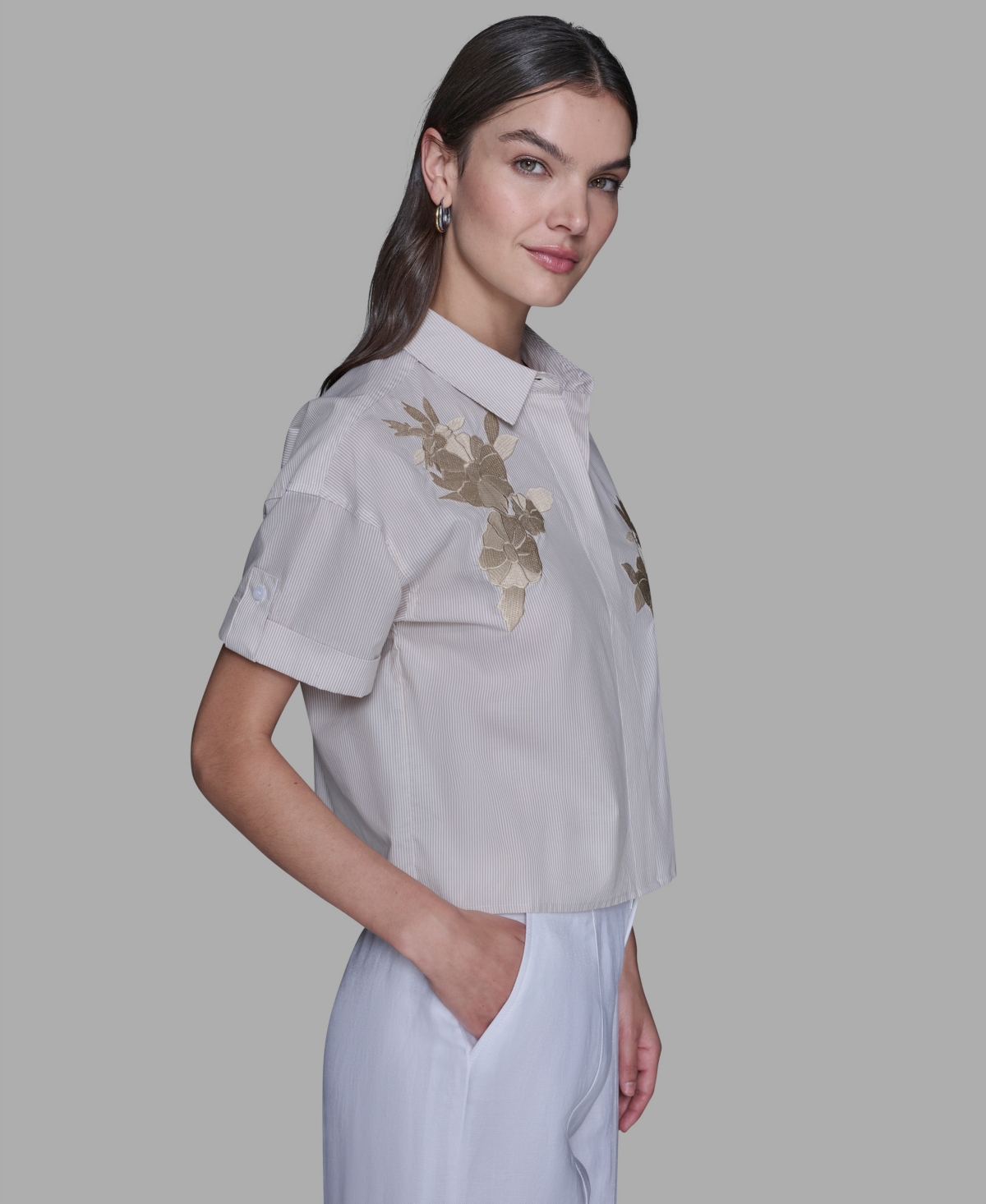 Karl Lagerfeld Paris Women's Striped Floral Detail Top