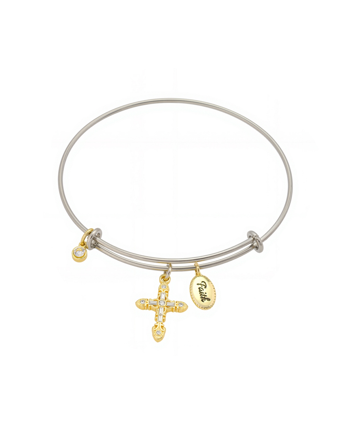 Unwritten Two Tone Tone "faith" Crystal Cross And Crystal Bezel Bangle Bracelet In Gold