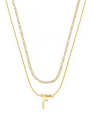 Unwritten - Letter "F" Initial Snake Chain Cubic Zirconia Chain Necklace With Extender 2Pcs Set