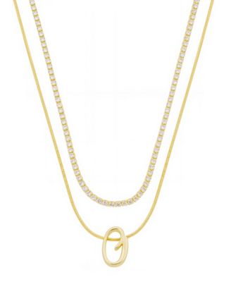 Unwritten - Letter "O" Initial Snake Chain Cubic Zirconia Chain Necklace With Extender 2Pcs Set