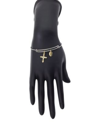 Two Tone Tone "Faith" Crystal Cross And Crystal Bezel Bangle Bracelet
