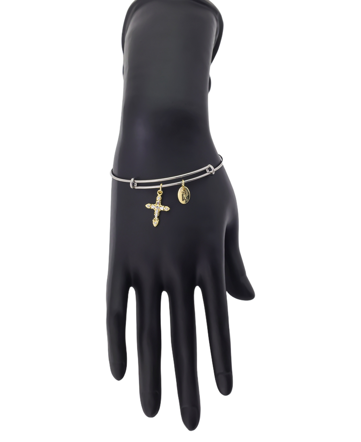 Unwritten Two Tone Tone "faith" Crystal Cross And Crystal Bezel Bangle Bracelet In Gold