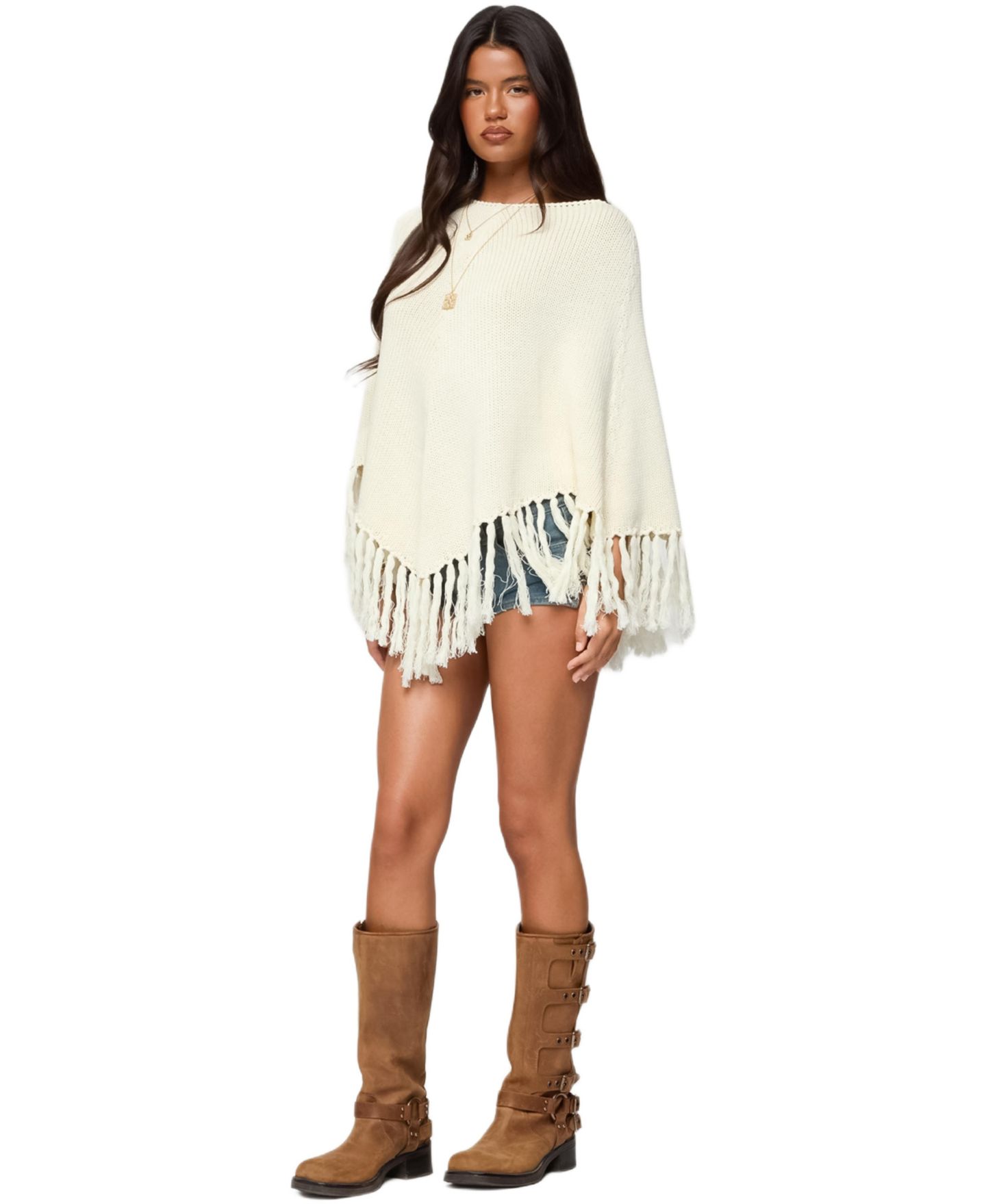 Edikted Women's Kamila Fringe Knit Poncho, цвет: Кремовый — фото 3