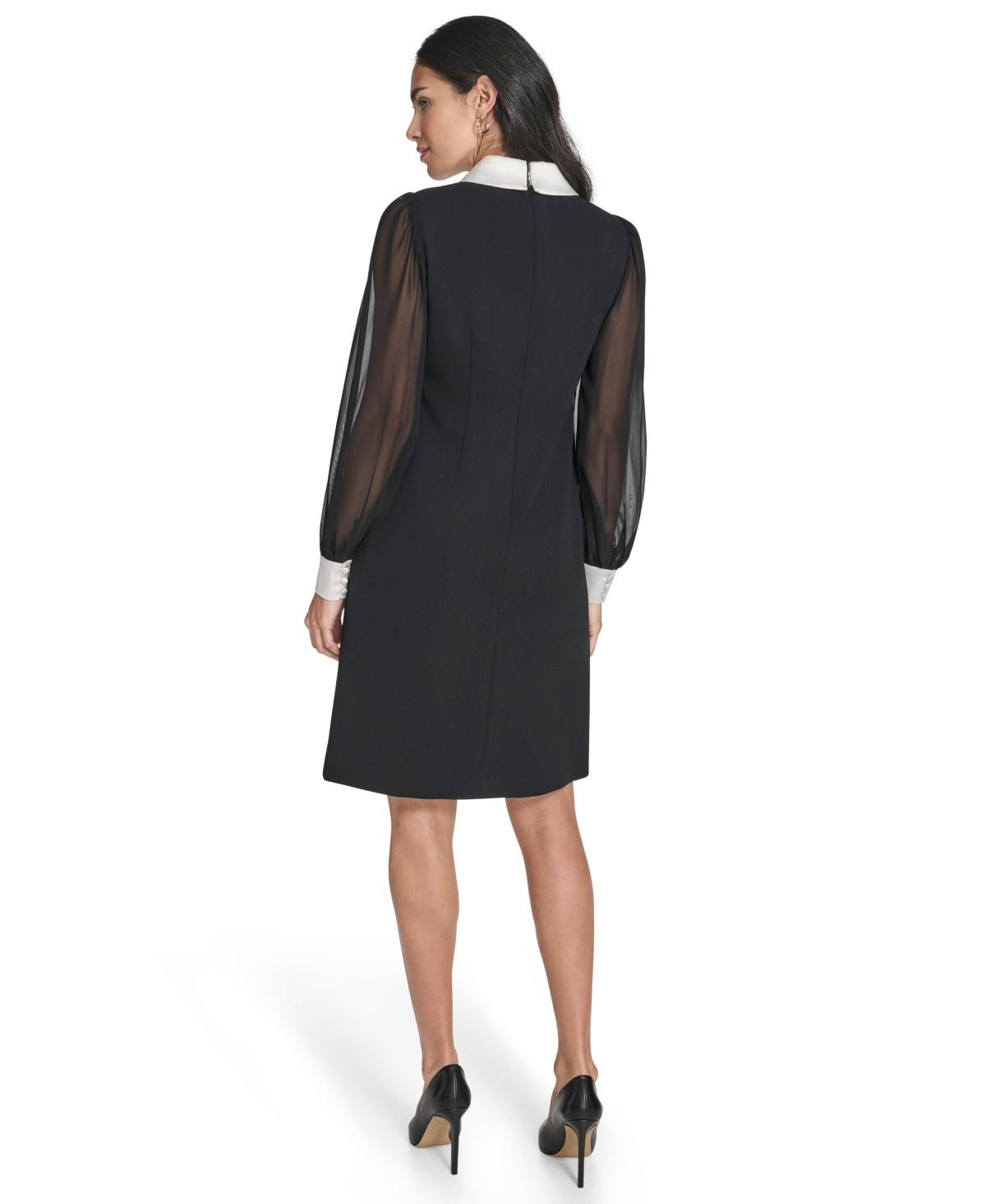 Jessica Howard Petite Bishop Sleeve Shirt Collar Sheath Dress In Black