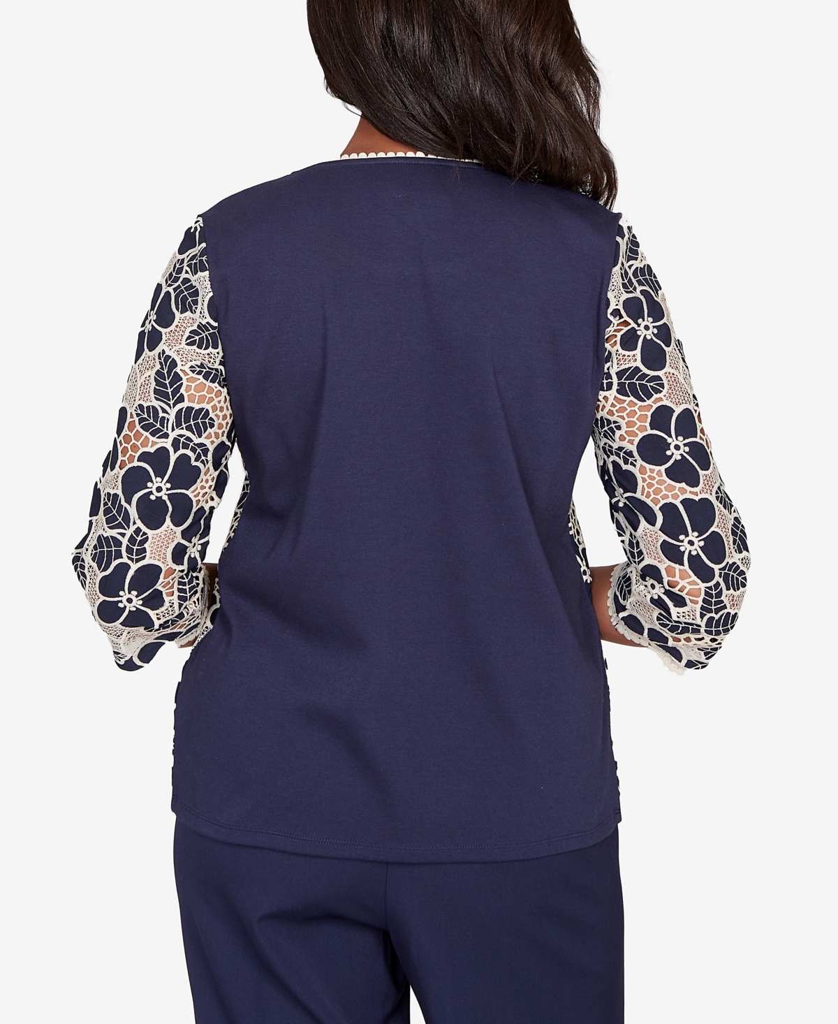 Alfred Dunner Petite Saratoga Springs Floral Lace Trim Soft Knit Top