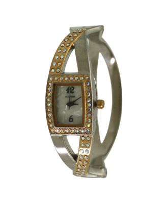 Two Tone Rhinestones And Pearl Tone Bangle Watch
