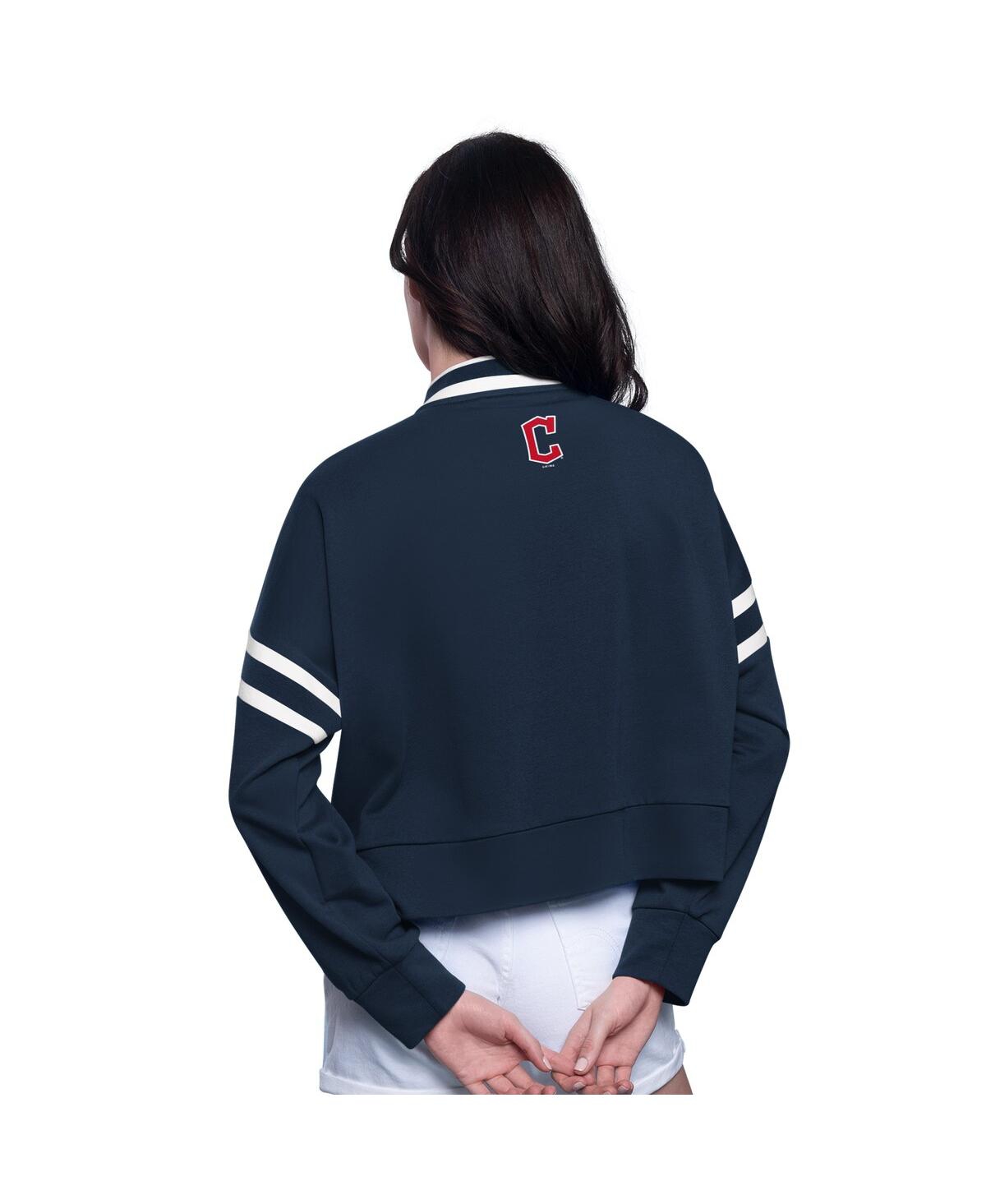 Starter Women's Navy Cleveland Guardians Power Play Cropped Pullover Sweatshirt In Blue