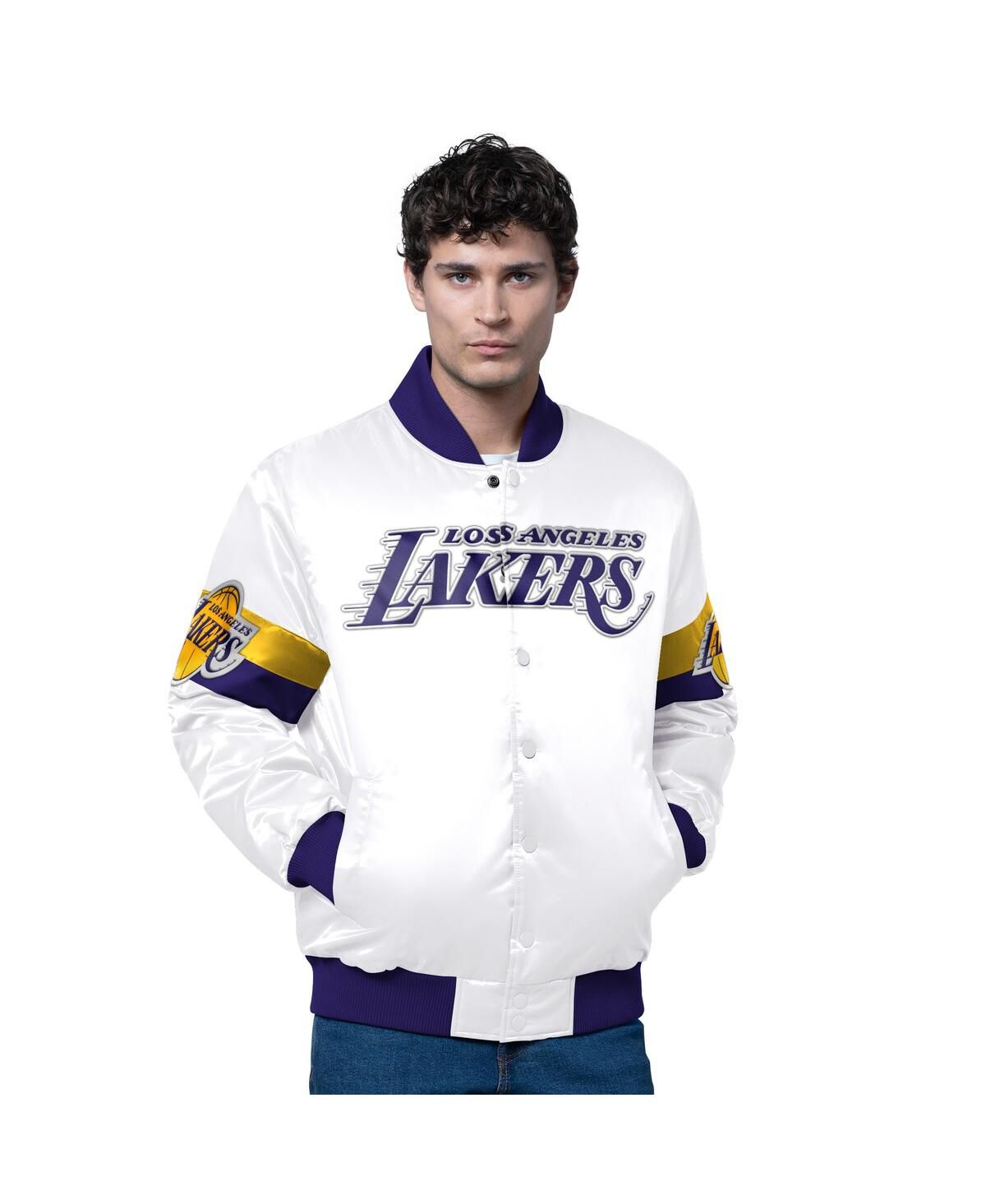 Мужская белая атласная куртка Los Angeles Lakers Triple Option Varsity с полной застежкой на пуговицы