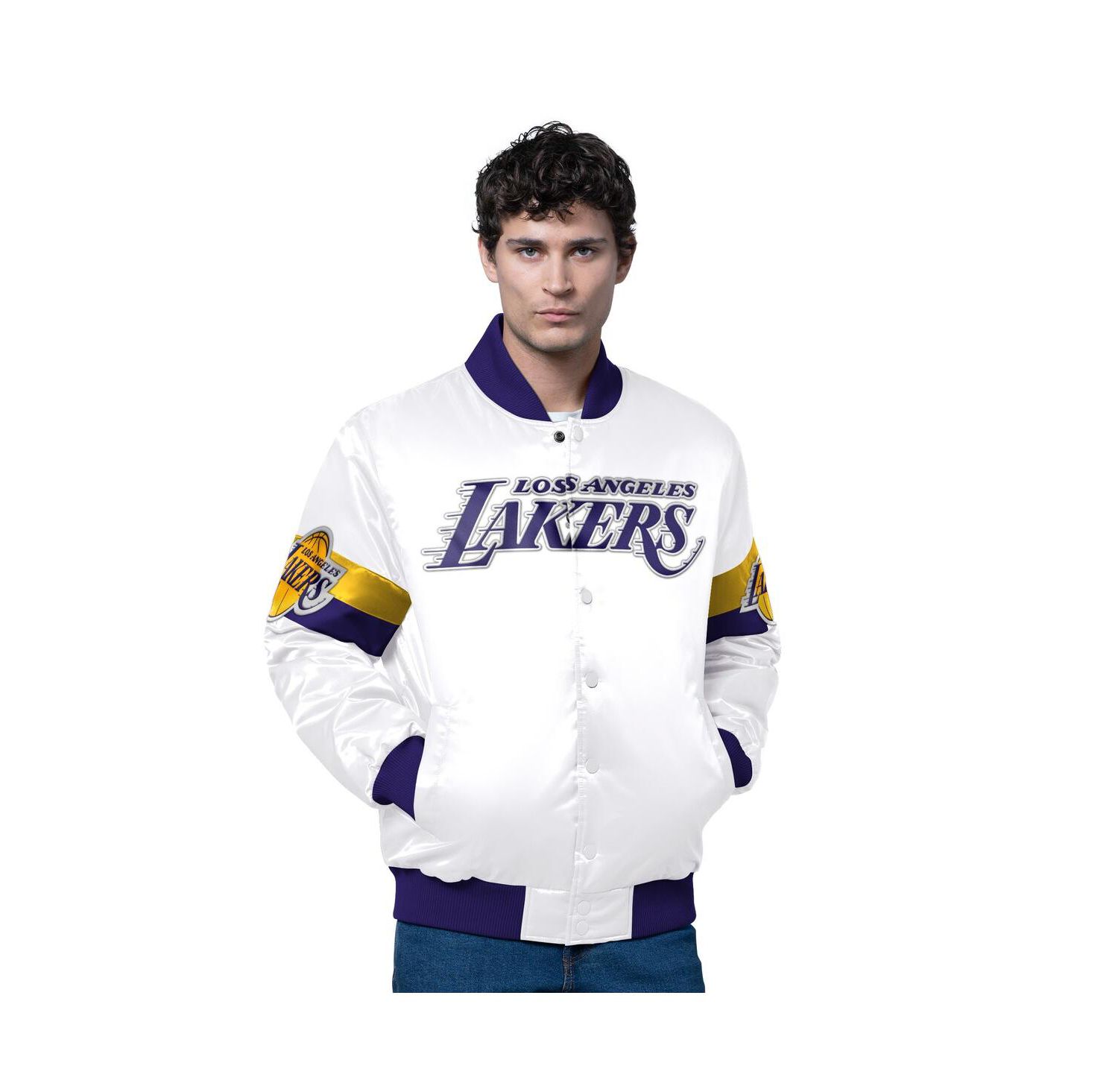 Men's White Los Angeles Lakers Triple Option Varsity Full-Snap Satin Jacket