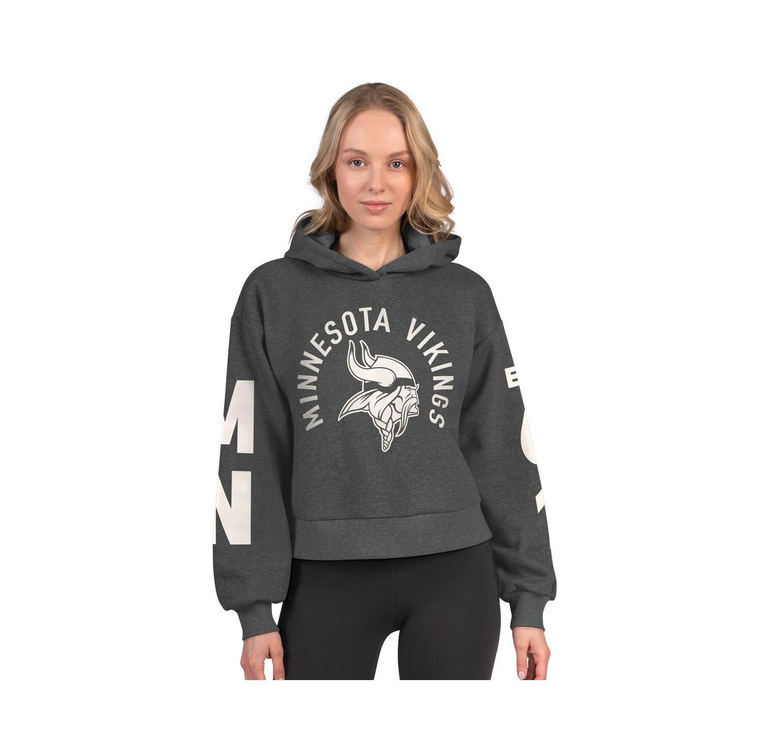 Women's Heather Charcoal Minnesota Vikings Star Player Cropped Fleece Pullover Hoodie