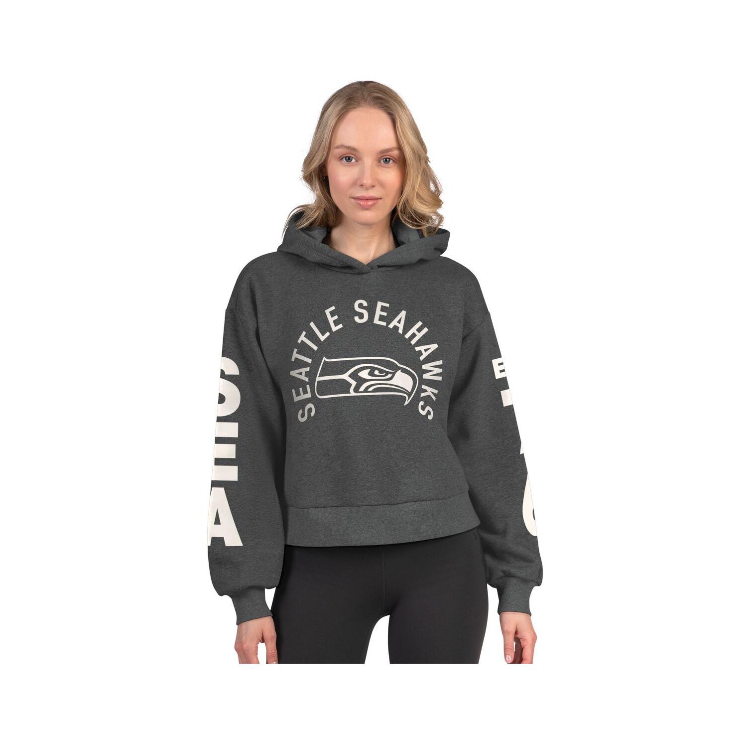 Women's Heather Charcoal Seattle Seahawks Star Player Cropped Fleece Pullover Hoodie