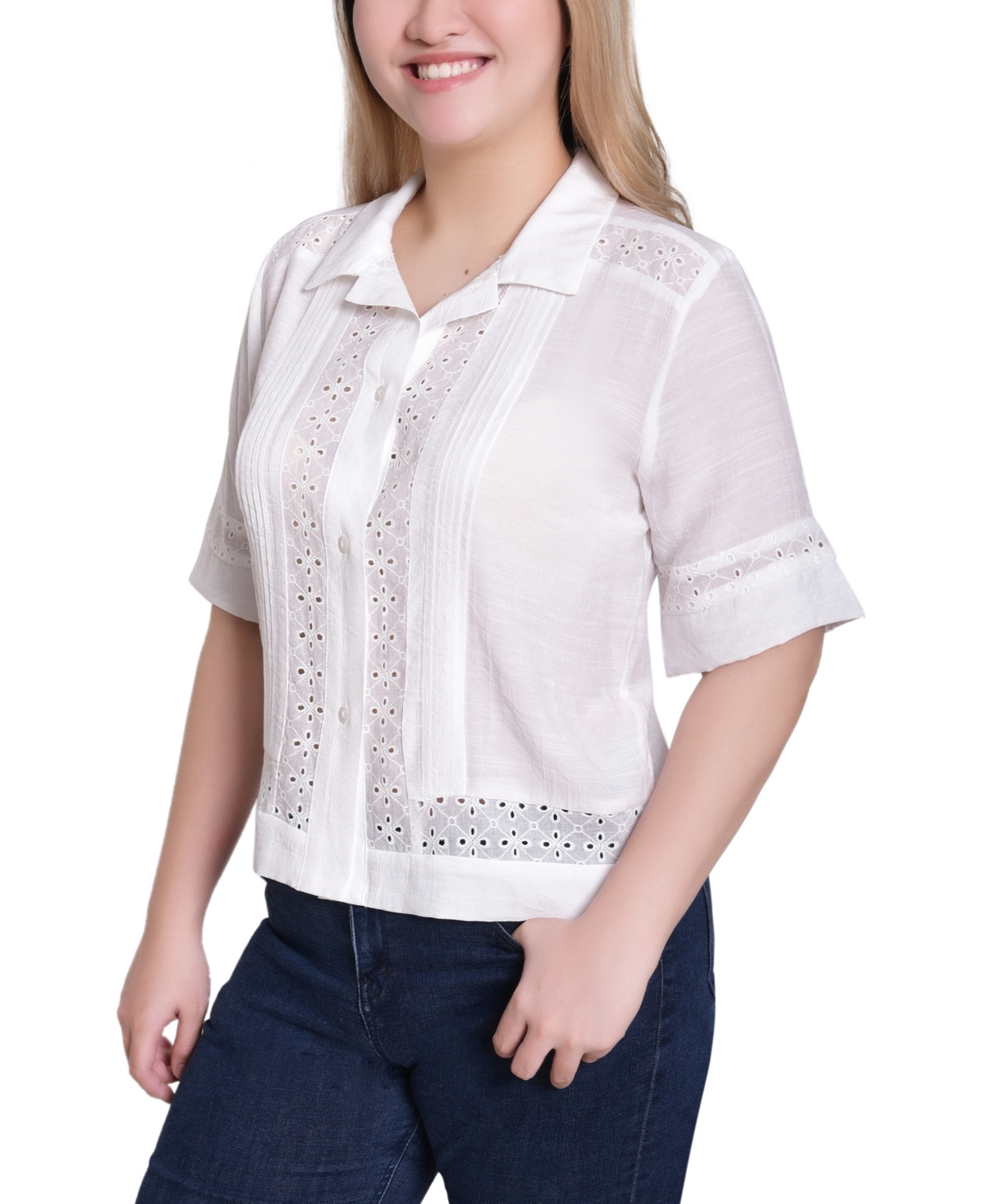 Ny Collection Petite Short sleeve Eyelet Collared Top