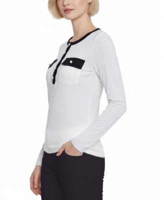 Petite Long Sleeve Contrast Detail Top