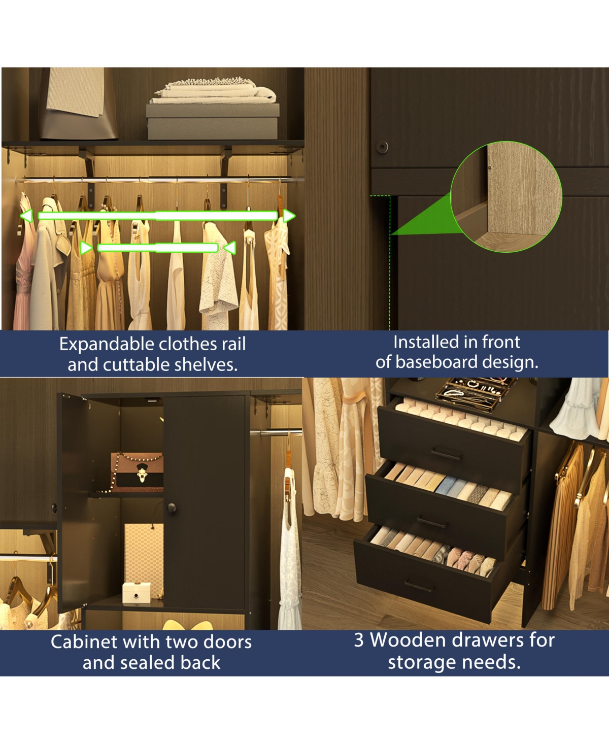 Aheaplus 96'' Closet Organizer System with 3 Wood Drawers, Shelving Towers & Hanging Rods, 8FT Doors