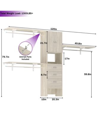 10-Foot Closet System with 3 Drawers, 120-Inch Walk-In Closet Organizer with Shelving Towers and Hanging Rods