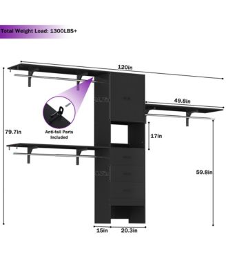 10-Foot Closet System with 3 Drawers, 120-Inch Walk-In Closet Organizer with Shelving Towers and Hanging Rods