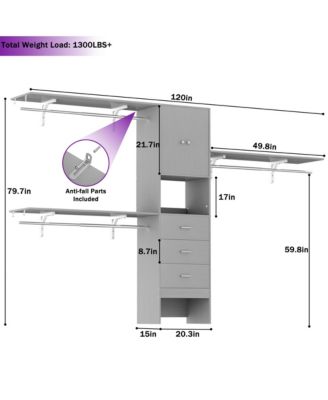 10-Foot Closet System with 3 Drawers, 120-Inch Walk-In Closet Organizer with Shelving Towers and Hanging Rods