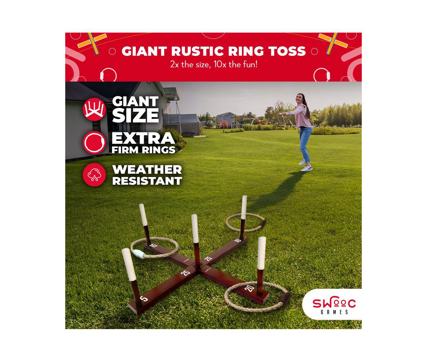 Детские игрушки SWOOC XL Ring Toss Game, 3ft x 3ft, Weather and Water Resistant with 15+ Games, Ages 3+, цвет: Коричневый — фото 2