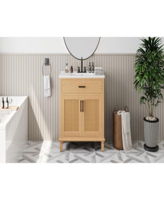 36inch Rattan Bathroom Vanity with Ceramic Sink Modern Bathroom Sink Cabinet