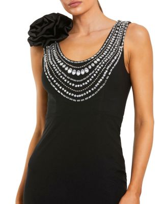 Women's Elegant Beaded Scoop Neck Jersey with 3D Flower Gown
