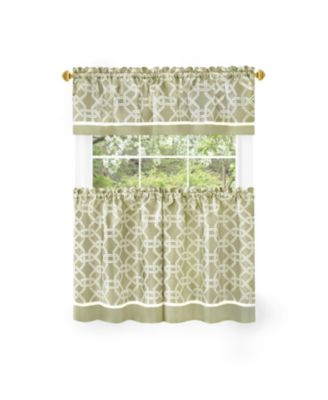 Geometric Crescent 3 Piece Rod Pocket Cafe Kitchen Curtain Tier & Valance Set - 24 in. Long - Green