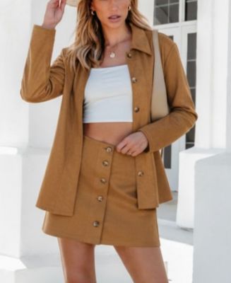 Women's Button Down Suede Matching Skirt Set