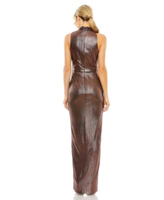 Women's High Neck Sleeveless Metallic High Slit Gown