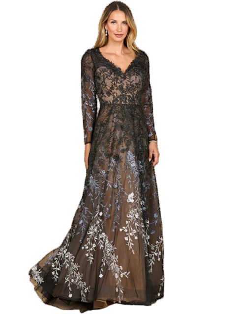 Женские платья Lara Long Sleeve V-Neck Ombre Lace Gown, цвет: Чёрный