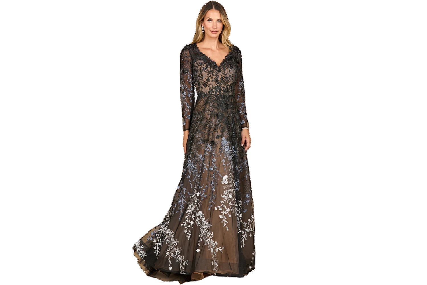 Women's Long Sleeve V-Neck Ombre Lace Gown
