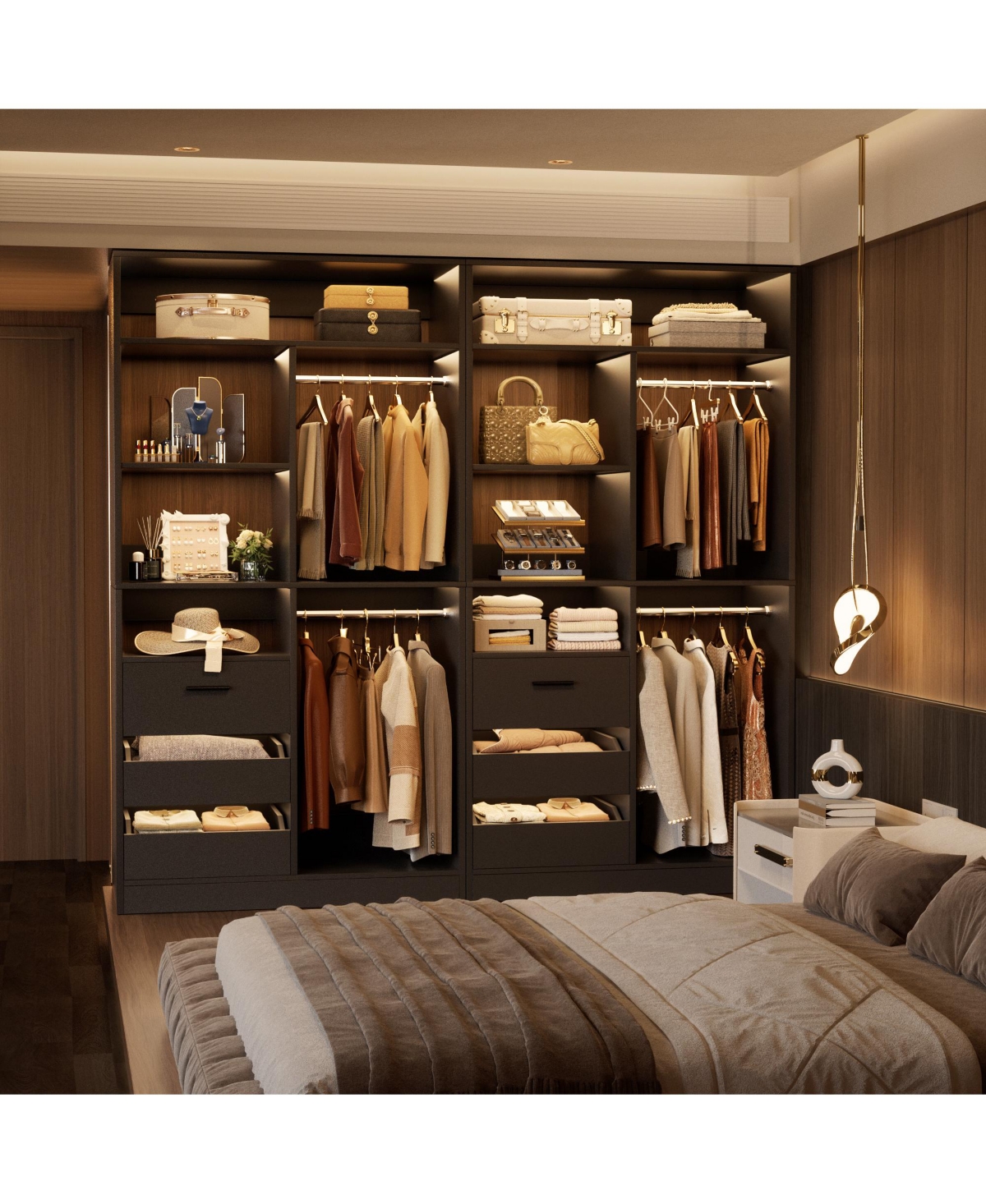 36'' Freestanding Walk-in Closet Organizer System with 3 Drawers, Heavy Duty 2 Hanging Rods & Shelves