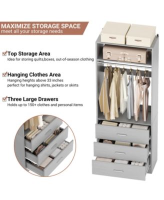 Freestanding 2FT Closet System with 3 Wooden Drawers, 24'' Closet Organizer System with Hanging Rod & Shelves