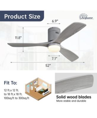 52-inch Modern Sliver 3 Solid Wood Blades Flush Mount Tri color Adjustable Ceiling Fan Light with Remote Control