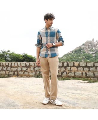 Men's Azure Blue & Off-White Buffalo-Woven Regular Shirt