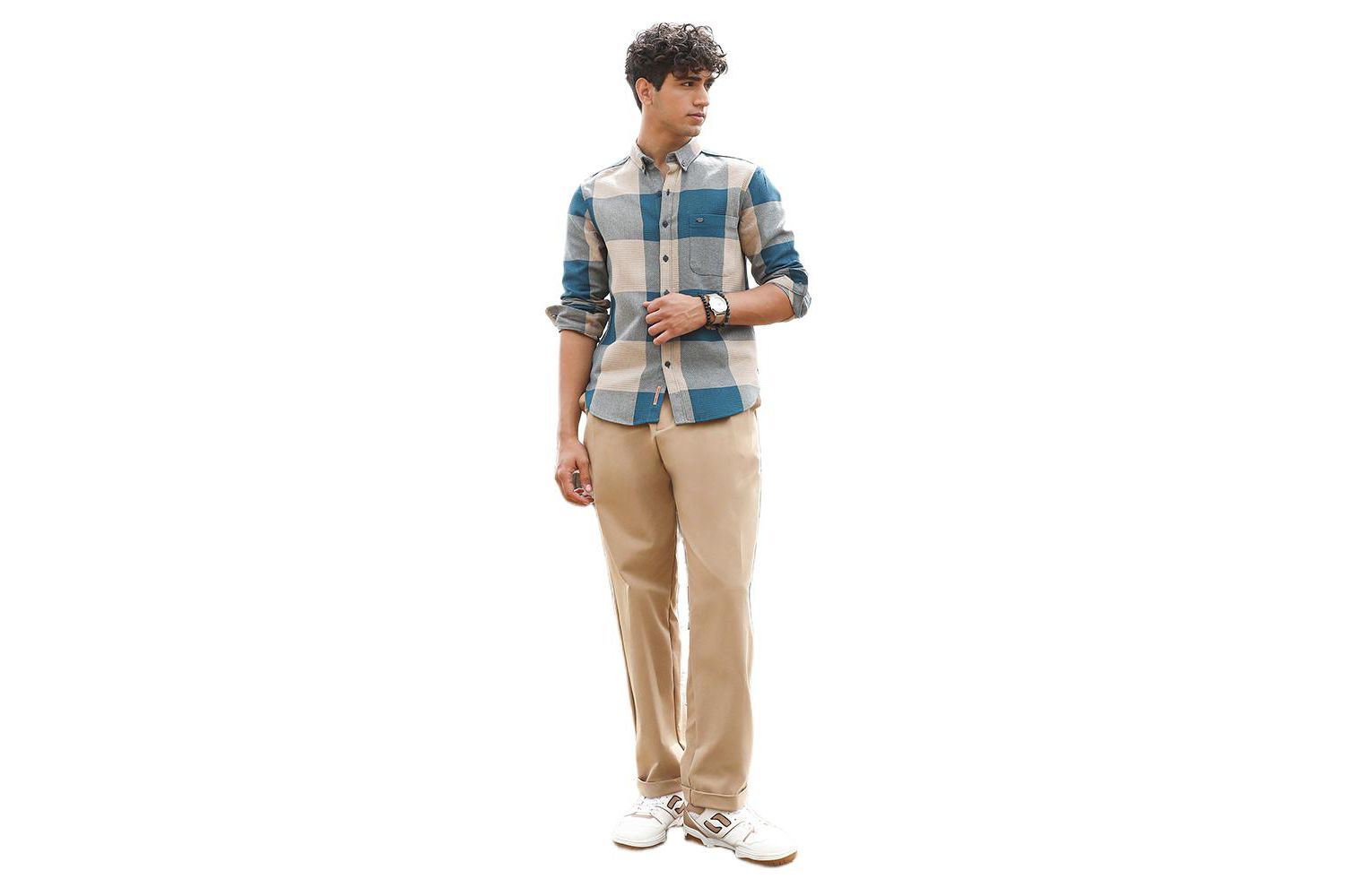 Men's Azure Blue & Off-White Buffalo-Woven Regular Shirt