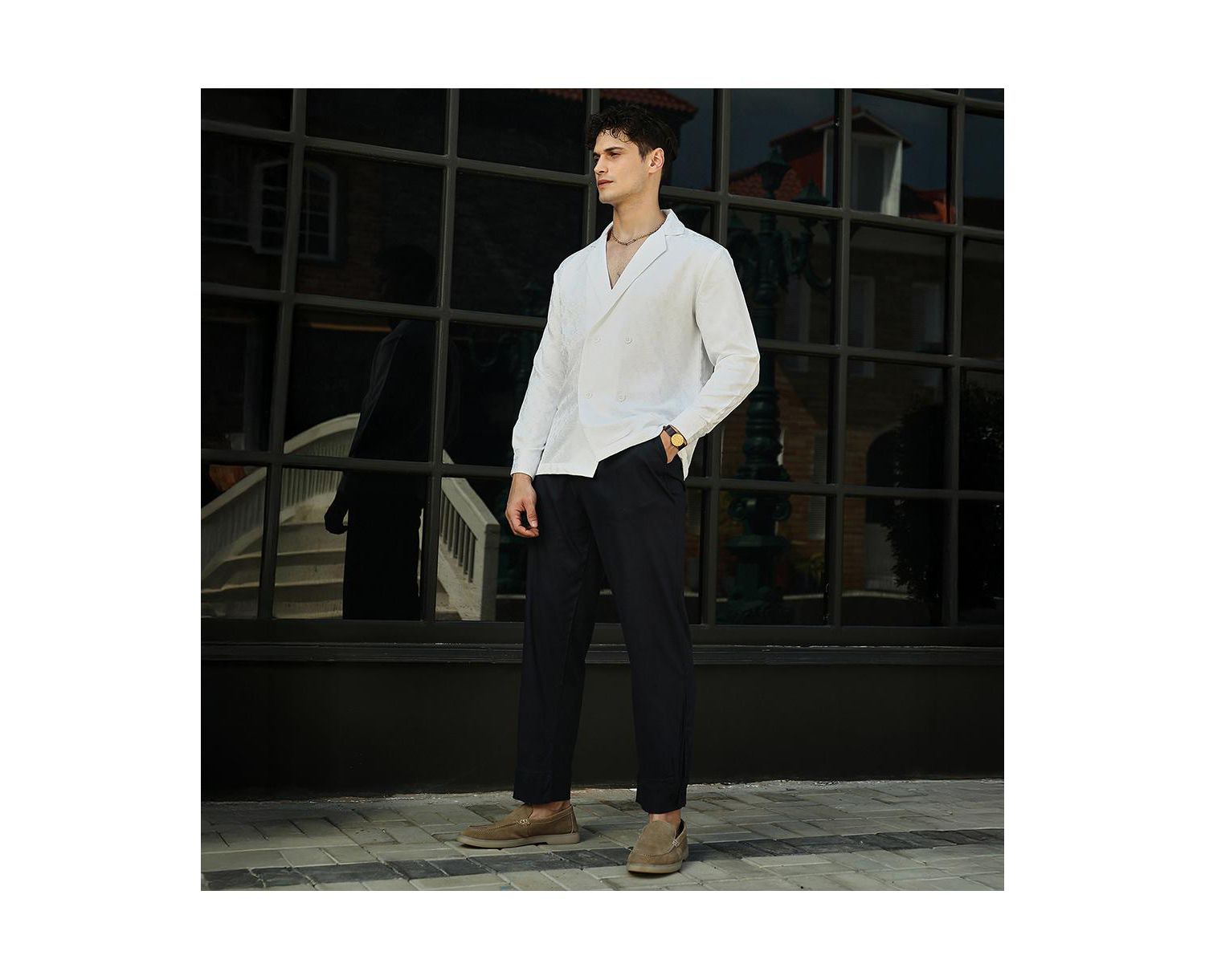 Men's Daisy White Double-Breasted Moziac Shirt