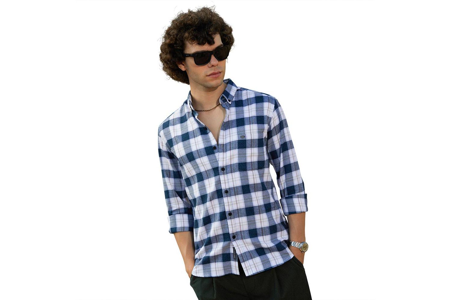 Men's Navy Blue Bi-Buffalo Check Shirt