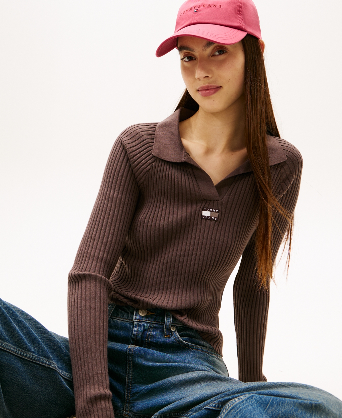 Tommy Jeans Women's Long-Sleeve Ribbed Collar Polo Top
