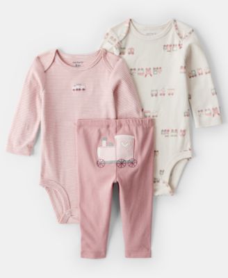 Carter's - Baby Girls 3-Piece Train Print Bodysuit, Long-Sleeve Bodysuit and Pants Set