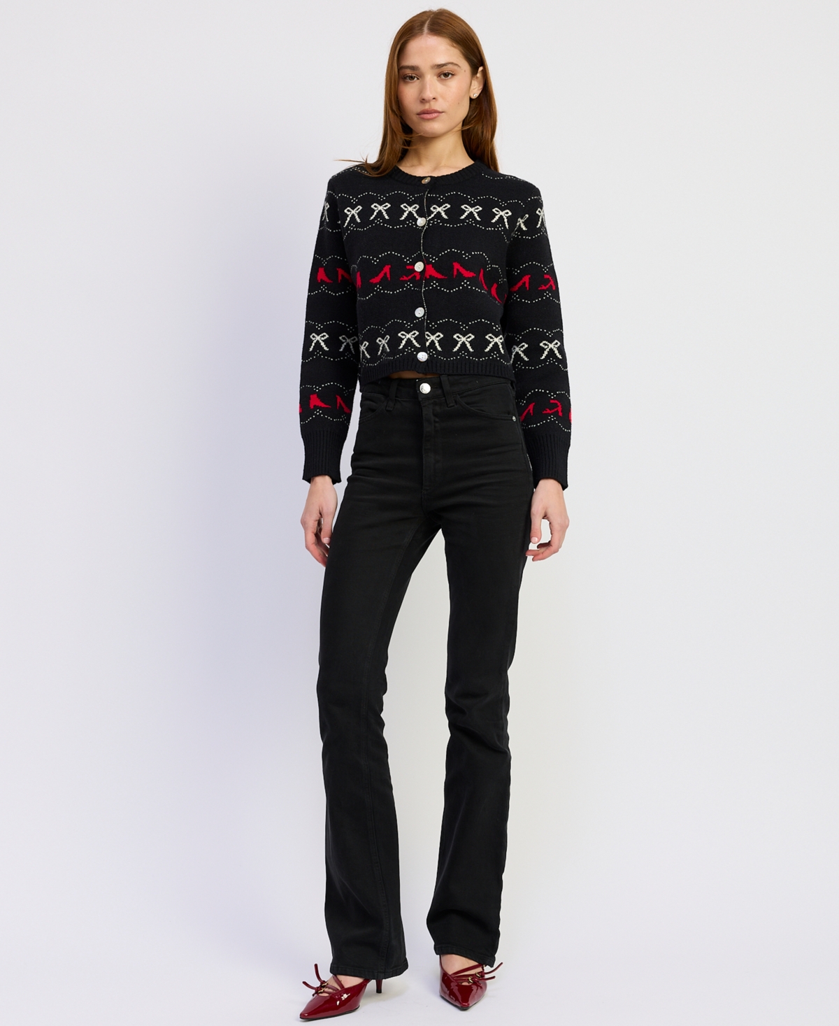 En Saison Women's Bow And Heels Knit Long-sleeve Cardigan Sweater In Black